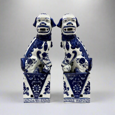 Blue & White Ceramic Fu Dog Lion Set